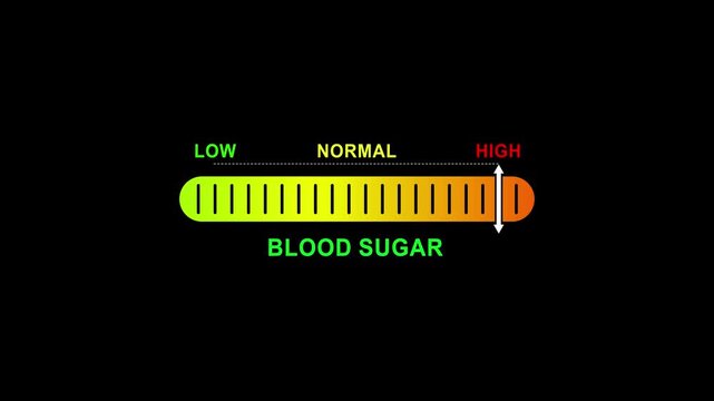blood sugar level indicator scale. Low normal high meter infographic animation on black background. Showing high pressure level color gauge indicator.4k quality animation video