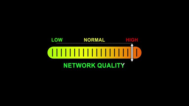 network quality level indicator scale. Low normal high meter infographic animation on black background. Showing high pressure level color gauge indicator.4k animation video