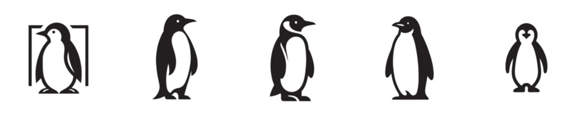 Black and white penguin vector icon set featuring minimalist animal silhouettes and symbols © Mas Kendor