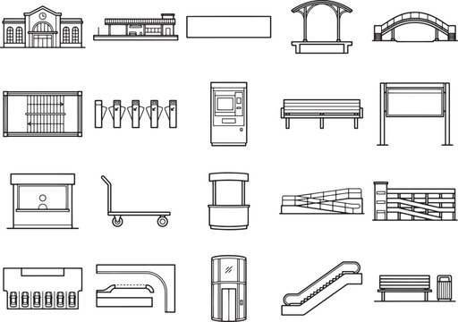 A collection of vector line art icons representing various urban elements and infrastructure, including buildings, transportation features, and public amenities.