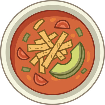 Traditional Mexican sopa de tortilla soup served in a ceramic bowl, garnished with crispy tortilla strips, fresh avocado slice, and tomatoes cartoon illustration