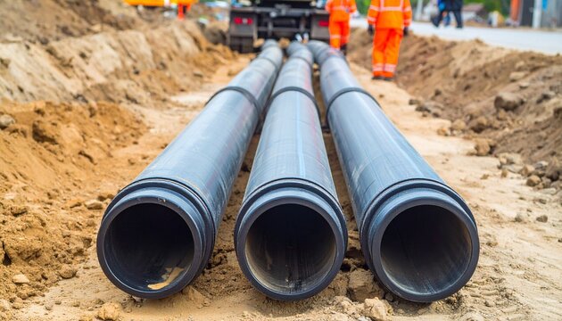 Parallel black pipes illustrate civil engineering underground utility installation