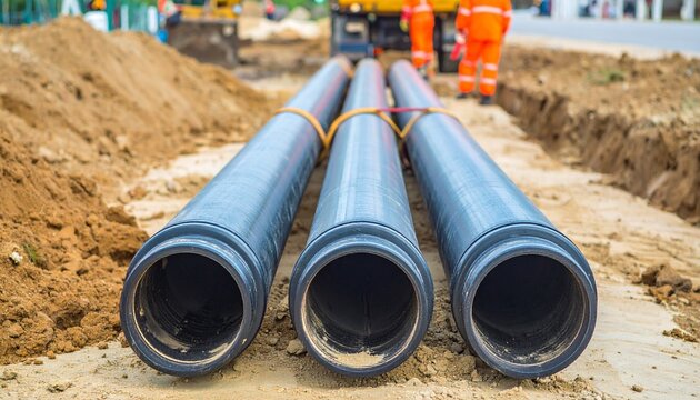Parallel black pipes illustrate civil engineering underground utility installation