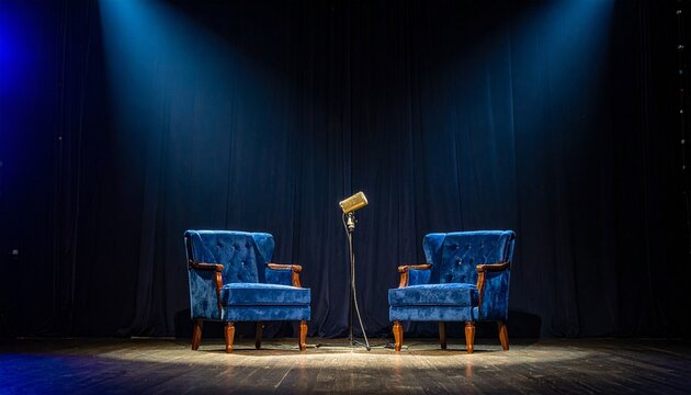 Two blue chairs and microphone under stage spotlights awaiting conversation