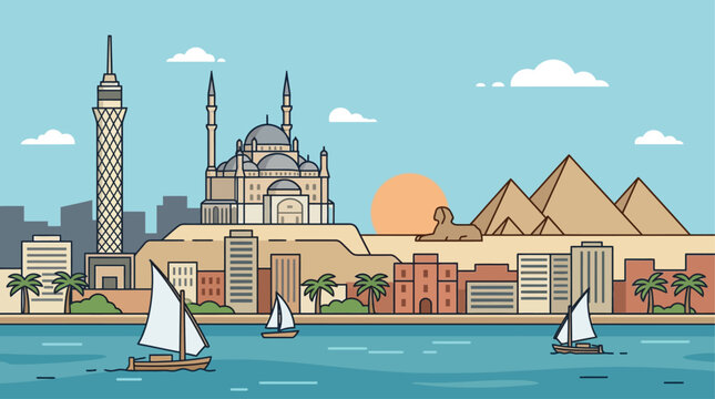 Vector Egypt Skyline Cartoon - Cairo Tower and Giza Pyramid Illustration