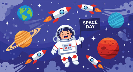 Astronaut in space with rockets and planets © Umia