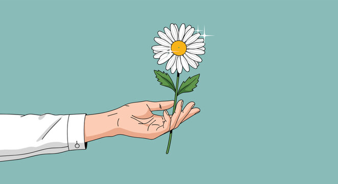 Close-up of a human hand delicately holding a single white daisy flower against a solid blue-green background.