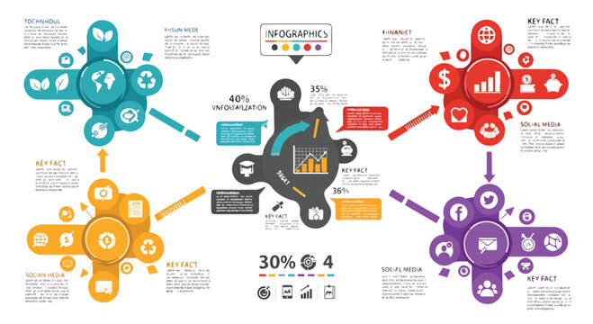 A colorful infographic template with various icons and statistics