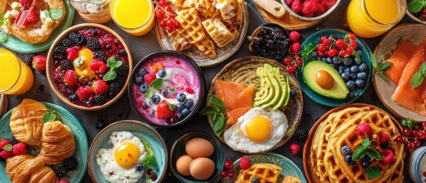 Colorful brunch grazing table with pancakes, eggs, and fresh juice