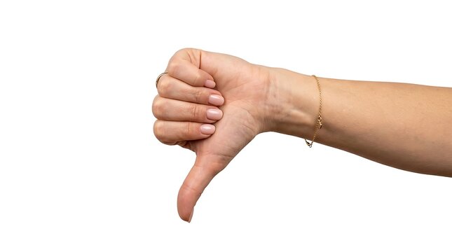 Close-up of a human hand making a disapproving thumbs down gesture, symbolizing negative feedback or dislike on a clean white background