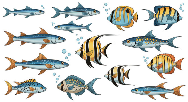 Large variety of colorful sea fish of different species swimming together on a clean white background scene.