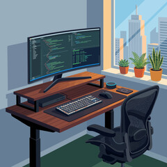 Fototapeta premium A person works on a computer with a city view and plants on the windowsill indoors