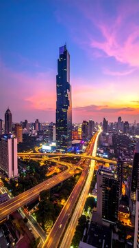 City skyline at twilight with a tall skyscraper and elevated roads