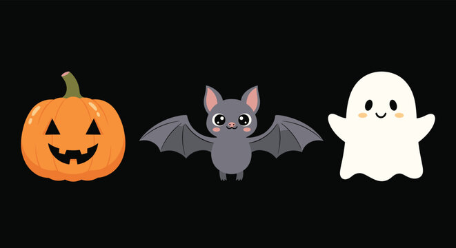 Classic halloween trio featuring a smiling jack-o-lantern pumpkin a cute gray bat and a friendly white ghost on black.