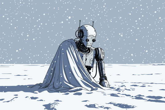 Sad robot sits alone in a cold snowy landscape partially covered by a white sheet as snowflakes fall from a grey sky in a comic style.