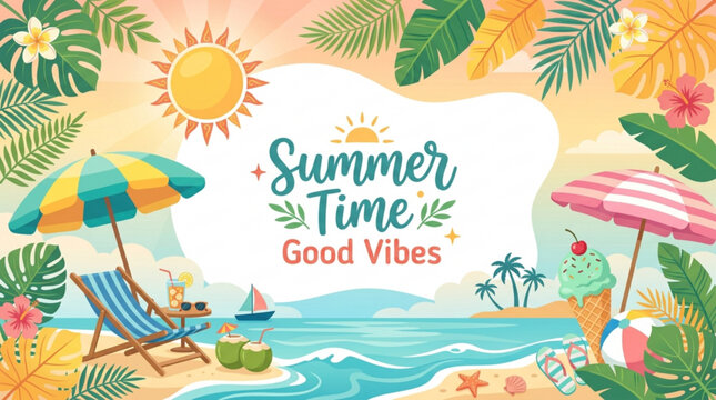 Vibrant summer beach scene with tropical leaves beach chairs umbrellas and ocean waves conveying good vibes and vacation concept