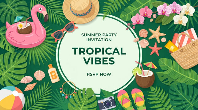 Tropical summer party invitation with vibrant foliage flamingo float and beach accessories perfect for vacation announcements and event design