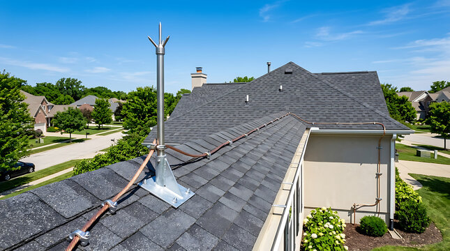 Metal lightning rod installed on a grey shingle rooftop for building protection against storms