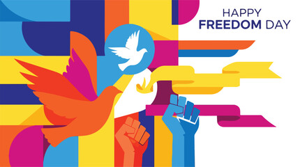 A vibrant illustration of fists and birds celebrating freedom © Udin