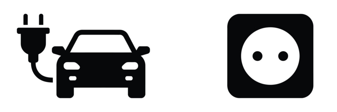 Electric car charging icon set with EV vehicle silhouette power plug and socket symbol for green eco transportation vector