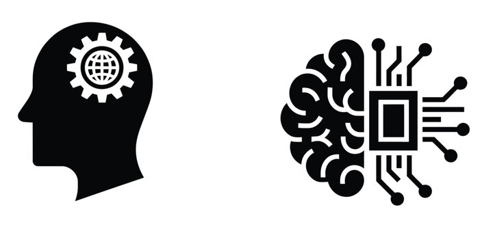 Artificial intelligence icon set with human head gear network globe and digital brain microchip circuit symbol isolated vector design