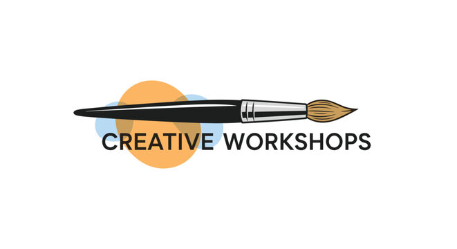 Artistic paintbrush illustration with the text creative workshops displayed below it against a backdrop of soft orange and blue circles.