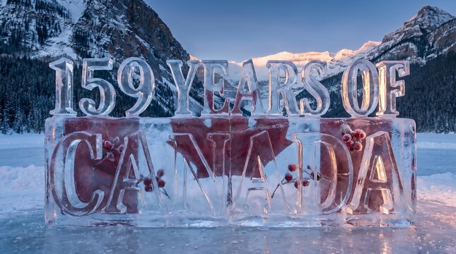 Ice sculpture celebrating 159 years of canada in a snowy mountain landscape