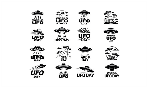 World UFO Day celebration logos with flying saucers and text alien spaceship