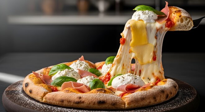 Delicious artisanal pizza slice lifted from the board revealing thick melted mozzarella cheese strings with fresh basil and prosciutto topping