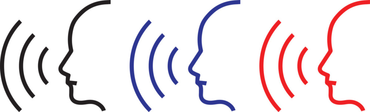 Voice Recognition Speech Communication and Sound Wave Line Icon Set Human head silhouette with curved sound waves