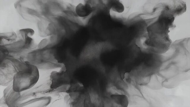 A swirling cloud of black ink diffusing through a light gray liquid background, symbolizing fluid motion, abstraction, and the dynamic interplay between darkness and transparency.