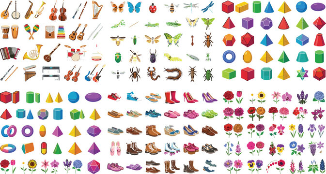 Vector illustration mega set of various cartoon icons including musical instruments insects geometric 3D shapes shoes and garden flowers isolated on white background