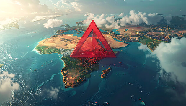 Pixelated world map with a glowing red triangle symbol overlaid, symbolizing global data or risk analysis