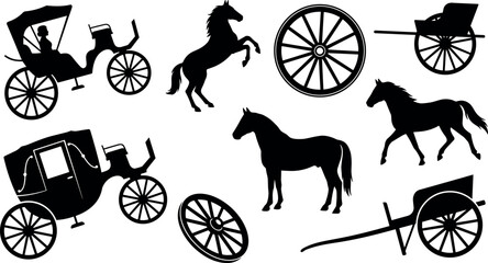 Vintage Carriage and Horse Silhouette Element Set Featuring Retro Coach Buggy Wagon Wooden Wheels Rearing and Running Stallions for Historical Graphic Designs © EdGe Creative