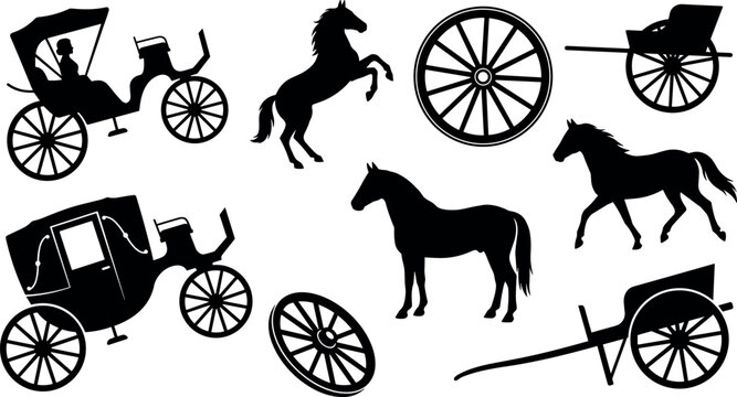 Vintage Carriage and Horse Silhouette Element Set Featuring Retro Coach Buggy Wagon Wooden Wheels Rearing and Running Stallions for Historical Graphic Designs