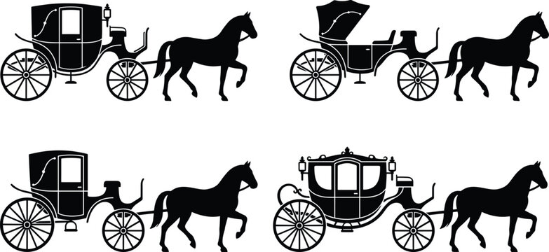 Vintage Horse Drawn Carriage Silhouette Set Featuring Royal Coach Cab Barouche Brougham and Chariot for Wedding Invitations Retro Transport and Fairy Tale Logos