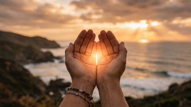 Hands cupped together hold sunlight with a scenic ocean and rocky coastline in the background during a warm sunset.
