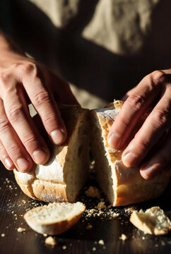 Close-up of hands breaking bread, warm tones, sensory food experience, soft light