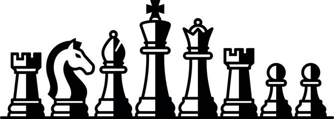 Chess Pieces Vector Silhouette Set Featuring Standing King Queen Rook Knight Bishop and Pawns for Strategy Games Tournaments and Corporate Logos © EdGe Creative