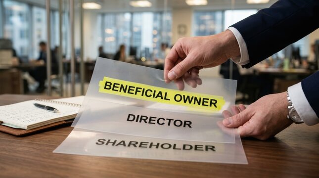 A person in business attire holds a transparent folder labeled with "Beneficial Owner," "Director," and "Shareholder" inside a modern office setting.