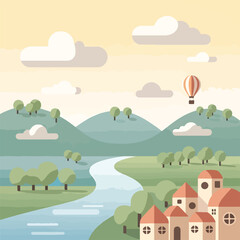 Fototapeta premium A serene cartoon landscape with rolling hills and a river