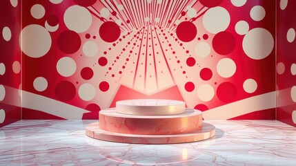 Fototapeta premium Red, white stage backdrop features circular patterns. Gold podium stands on marble floor. Dramatic lighting creates tunnel effect.