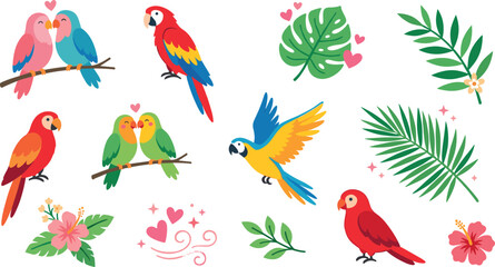 Cute Tropical Parrot Icon Set Featuring Cartoon Macaws Lovebirds on Branches Flying Birds Monstera Palm Leaves and Hibiscus Flowers for Summer Designs © EdGe Creative