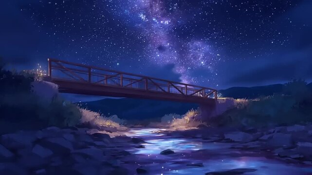 Wooden bridge spans stream under vibrant celestial expanse