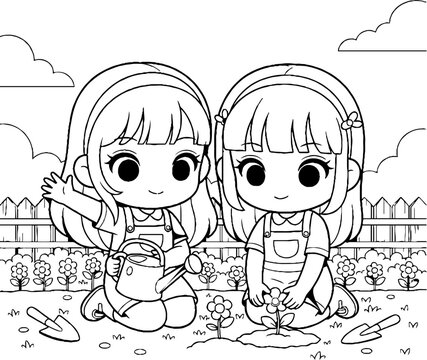 Cute Cartoon Girls Gardening Together in Vegetable Patch.