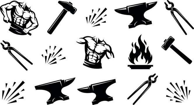 Blacksmith Vector Icon Set Featuring Muscular Body Builder Torsos Anvils Sledgehammers Forge Fire Metal Tongs and Spark Elements for Ironwork Logos