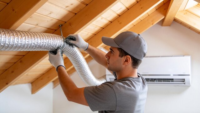Man installing ventilation duct in attic