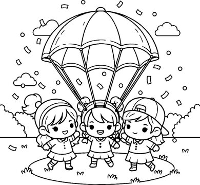 Three children happily sharing parachute playtime outdoors.