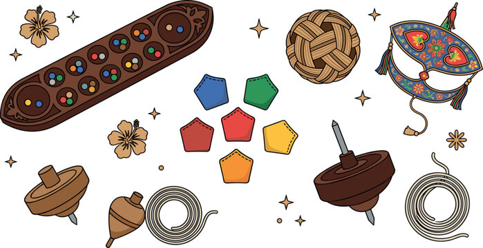 Traditional Southeast Asian Folk Games Vector Icon Set Featuring Congkak Board Sepak Takraw Rattan Ball Wau Kite Gasing Spinning Tops and Batu Seremban