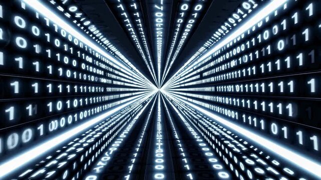 Digital tunnel with binary code flowing towards the viewer, creating a sense of depth and movement in a futuristic data environment illuminated by bright light